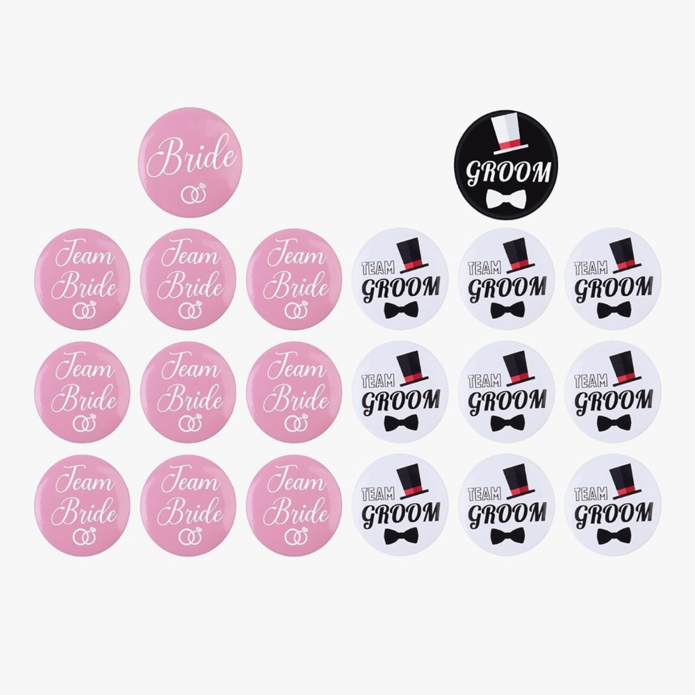 Bride and Groom Party Button Set - Pink, Black, White